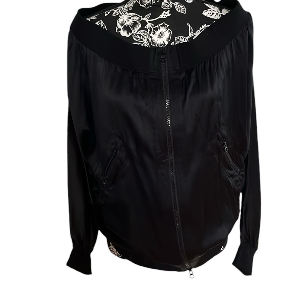 Marciano size Large black satin off shoulder bomber jacket beautifully made NWOT